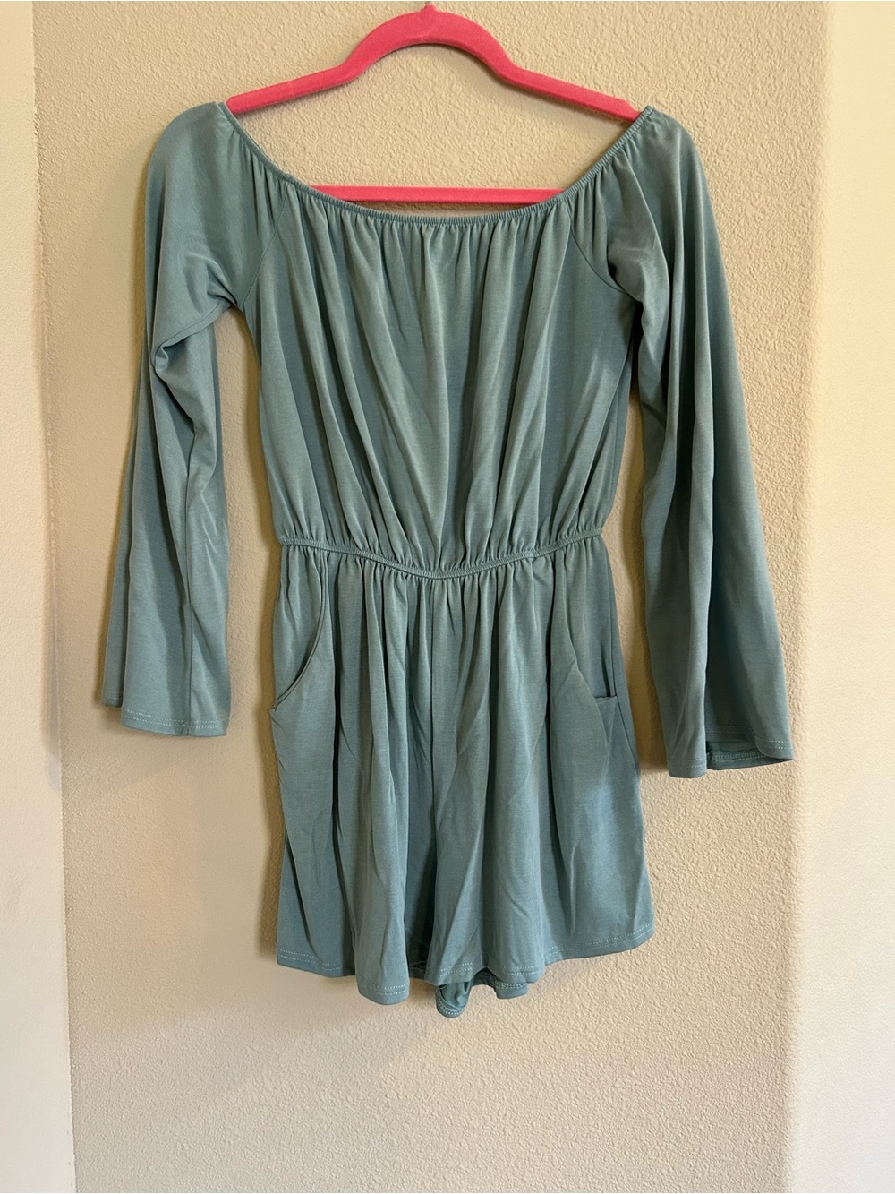 Green/Blue Long-Sleeve Off-Shoulder One-Piece Romper